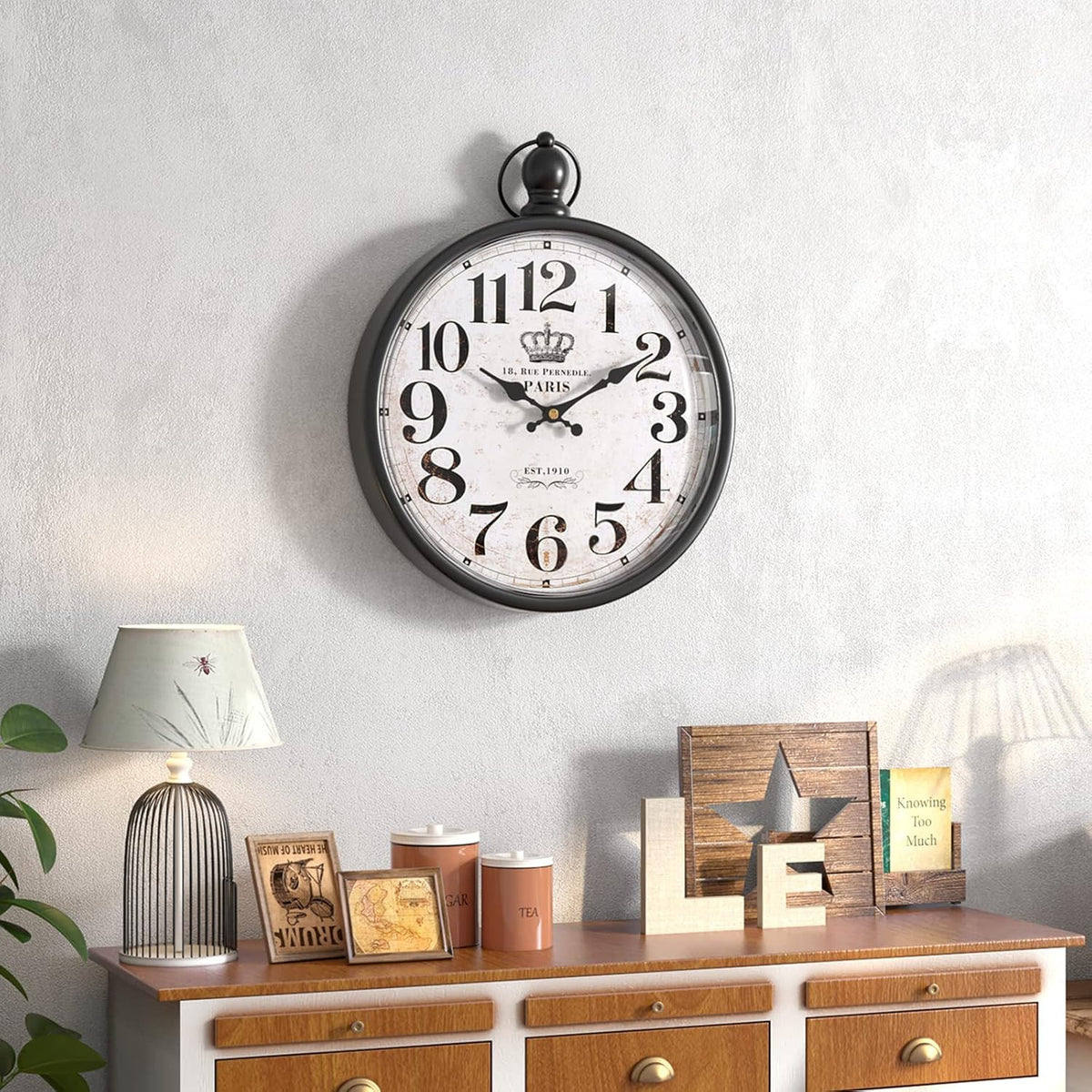 Menterry Retro Round Wall Clock. Black Vintage Antique Style Decor Wall Clocks for Kitchen,Farmhouse,Bedroom,Bathroom,Office, (11.8" H x 9.3" W)