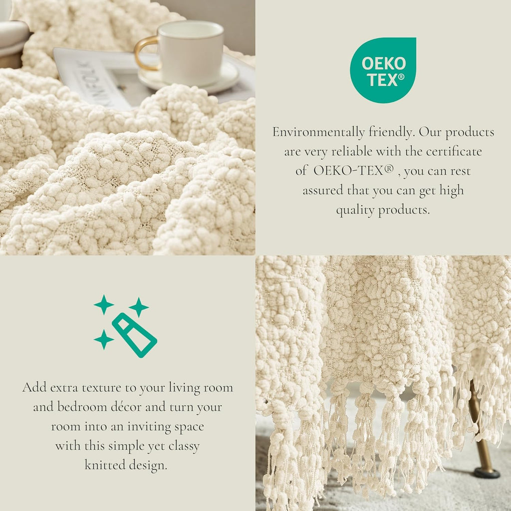 Amélie Home Knit Throw Blanket with Tassels for Couch, Luxury Boho Throw Blanket for Summer Ivory, 50"x60"