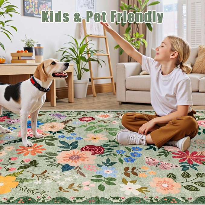 PLHXFR Area Rug 9x12 Living Room: Floral Washable Boho Soft Carpet Green | - Image 7
