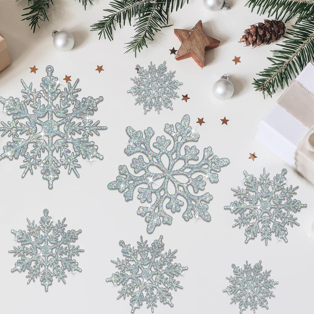 36pcs Iridescent Silver Christmas Snowflake Ornaments, Plastic Sparkling Glitter Hanging Snow Flakes for Christmas Tree Decorations Winter Wonderland Frozen Birthday Party Holiday Home Decor