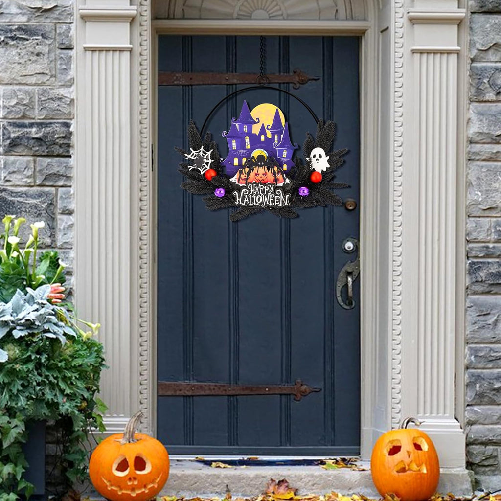 Lighted Halloween Wreaths for Front Door, Welcome Metal Wooden Door Wreath Decor Hanging Sign, 30 LED Lighted Wall Decor Battery Operated for Halloween Indoor Outdoor (Spider)
