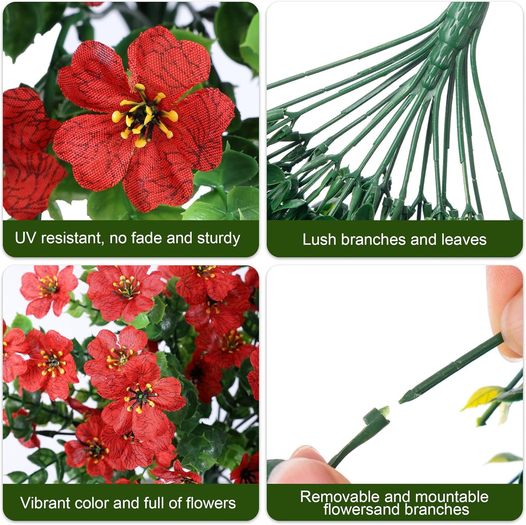 INSPRING Artificial Faux Outdoor Outside Flowers Plants, 2 PCS Fake Silk UV Resistant Look Real Red Daisy Trailing Vines for Front Door Porch Planter Urn Patio Balcony Decoration