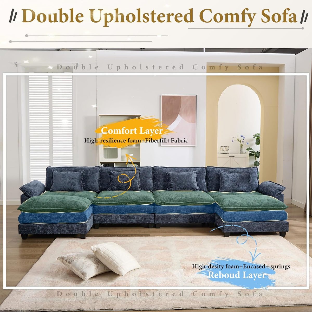 URRED Modular Sectional Sofa Comfy Cloud Couch, Modern Chenille Sofa Sleeper Deep Seat Couches with Ottoman/Pillows for Living Room (Blue, 154'' - U Shape)