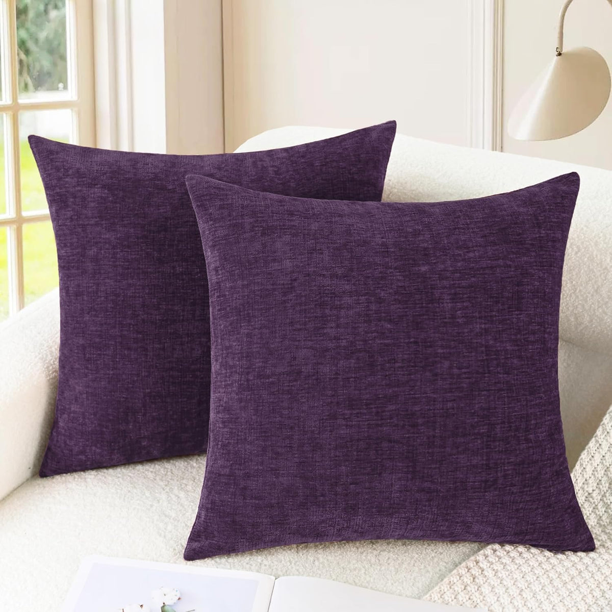CaliTime Throw Pillow Covers Decorative 22 X 22 Inches Pack of 2 Cozy Chenille Cushion Cases for Couch Sofa Bed Living Room Home Plum Purple