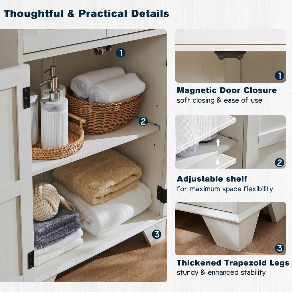 Bathroom Floor Cabinet, Farmhouse Storage Cabinet, 24" Wide Cabinet with Drawer, Adjustable Shelf, Barn Doors, Cabinets for Bathroom, Kitchen, Living Room, Off White