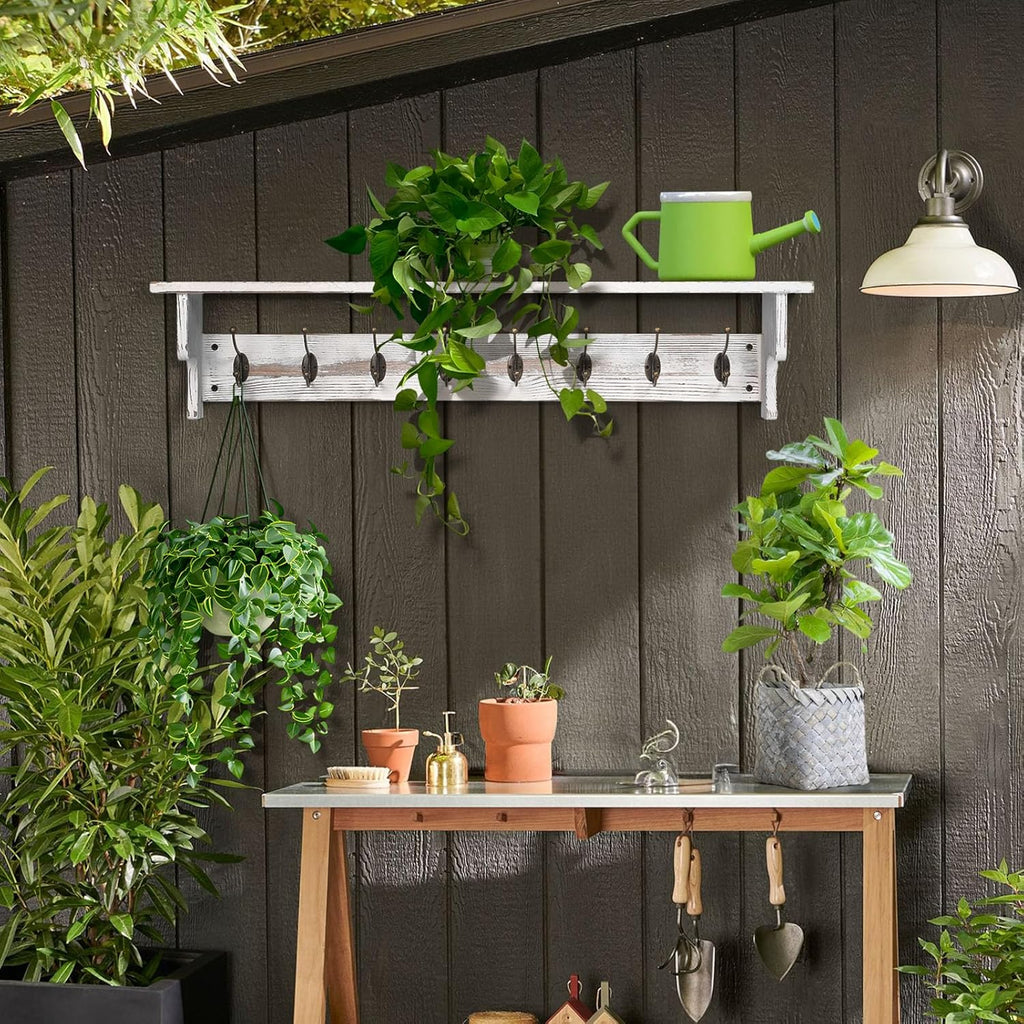 BECHAEO 35.8'' Wood Coat Rack Wall Mount with Shelf, White Wall Coat Rack with Hooks, Farmhouse Rustic Coat Hooks for Entryway Bathroom Hallway Kitchen Bedroom