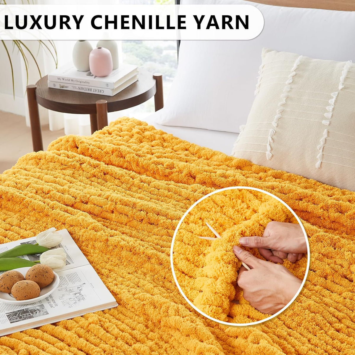 L'AGRATY Chunky Knit Blanket Throw - Soft Chunky Throw Blanket 30x40: 100% Hand Kintted Chenile Crochet Throw Blanket for Couch - Large Cable Knit Chunky Blanket for Home Decor(Mustard Yellow)