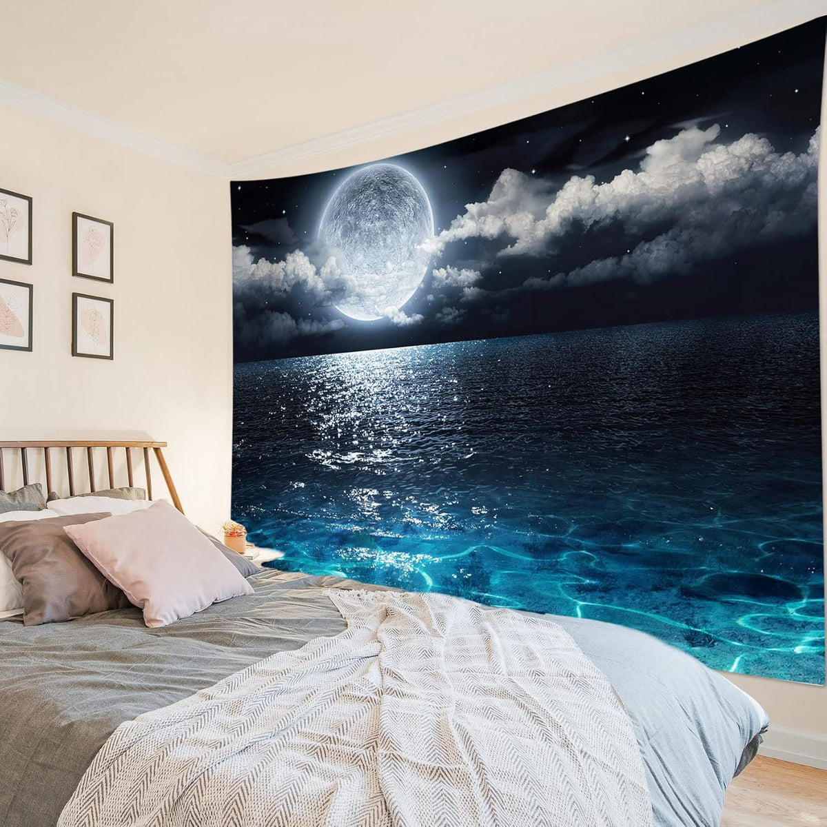 LB Blue Ocean Moon Tapestry White Cloud and Full Moon Over Ocean Tapestry Wall Hanging Fantasy Night Sky Wall Art for Bedroom Living Room Dorm Wall Decor,80 x 60 Inches