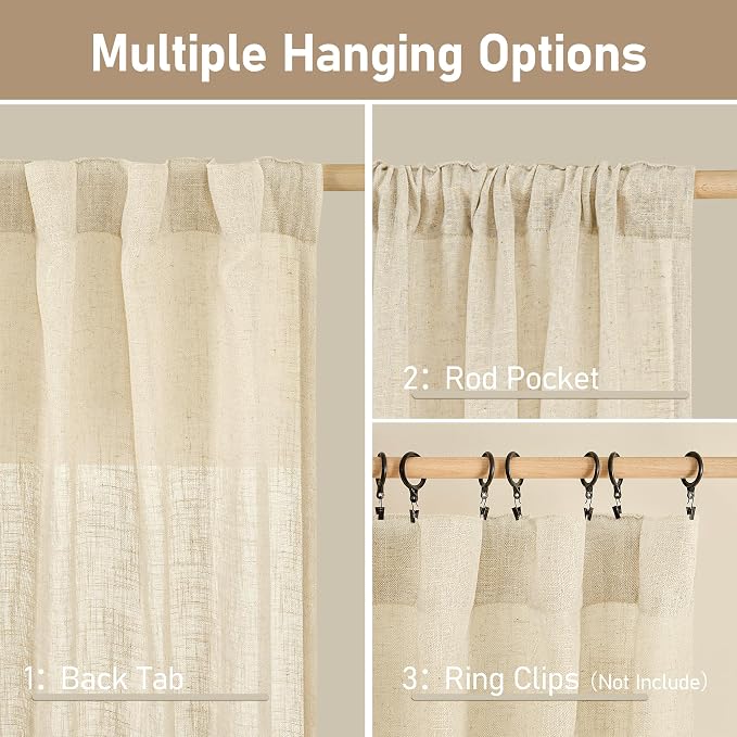 Short Linen Window Curtains 30 Inches Long 2 Panels 34 x 30 Inch | Beige - Image 3