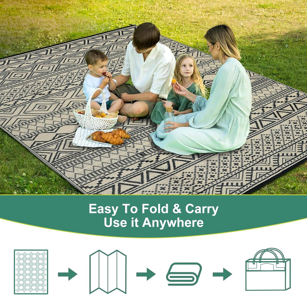 GAOMON Outdoor Rug for Patio 5'x8' Reversible Plastic Rugs Camping Mat for Outdoor, RV, Backyard, Deck, Balcony, Picnic, Beach, Black/Coffee(Bohemia)
