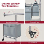 Tajsoon Laundry Sorter with Hanging Bar, 4 Section Rolling Laundry Hamper with Heavy Duty Lockable Wheels, Laundry Sorter Cart for Bathroom & Bedroom, Gray