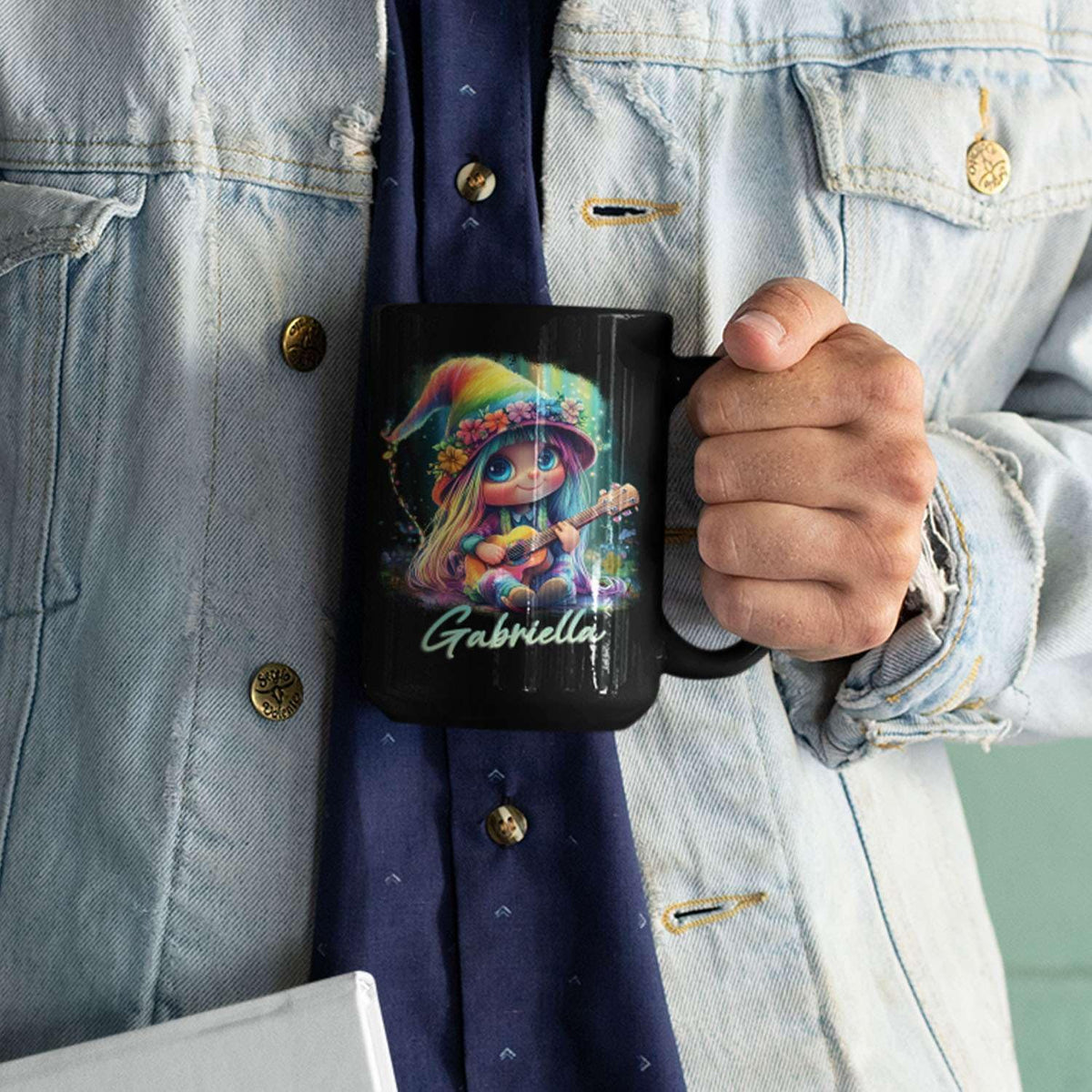 Customized Adorable Gnome With Guitar Mug 11oz 15oz, Personalized Name Coffee Cup, Gnome And Northern Lights Mug, Custom Whimsical Music Ceramic Cup, Gnome Black Mug Gift For Kids