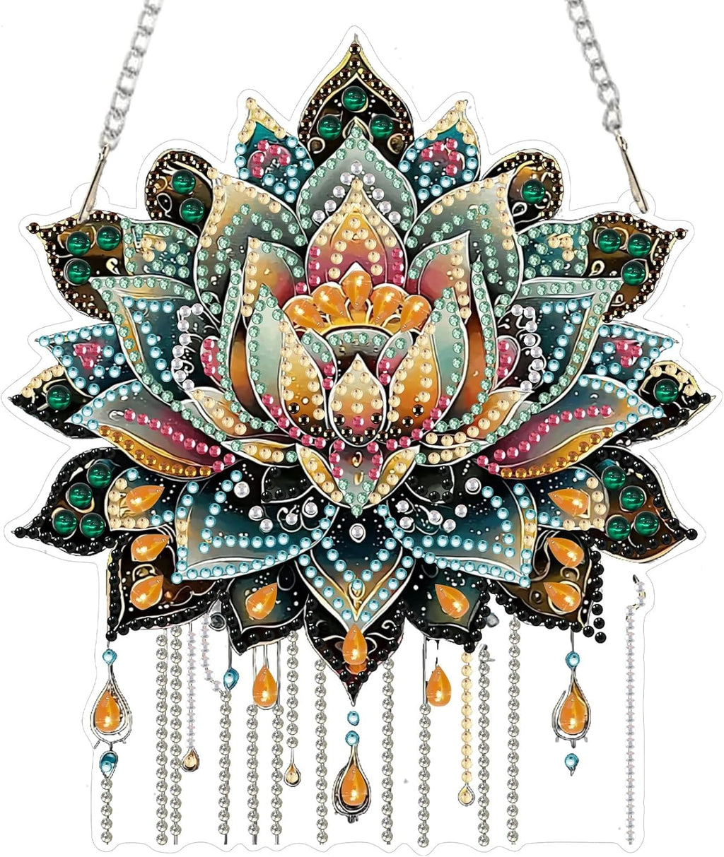 SENQAO Lotus Diamond Art Hanging Kit for Adult, Special Shaped Rhinestone, Double Sided DIY Acrylic Diamond Art Painting Window Pendants Home Garden Wall Hanging Kits Hanging Ornament