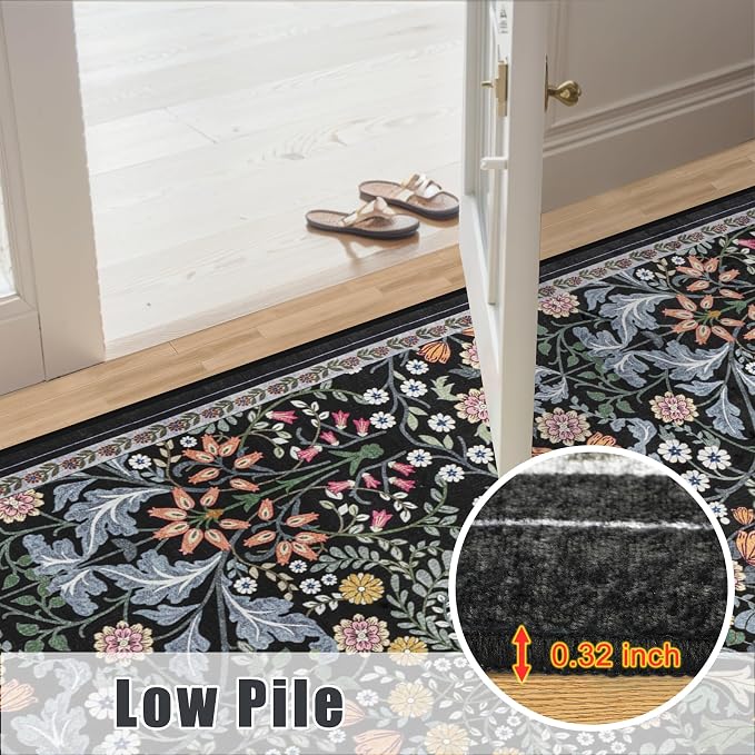 PLHXFR Area Rug 9x12 Living Room: Floral Washable Boho Carpet Dark Black | - Image 8