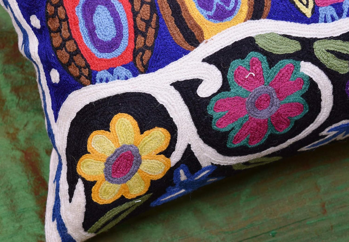Lumbar Four Owls Decorative Pillow Cover Blue Whimsical Hand Embroidered Wool 14x20