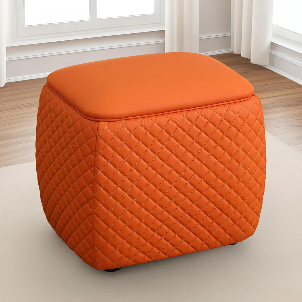 Ottoman Rectangular Storage Ottoman Bench, Faux Leather Footrest, Stool Footstool for Living Room, Bedroom, Entryway, Orange, 19.5"x15.5"x18"