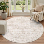 Round Area Rug for Living Room: 8ft Boho Washable Rug Beige Brown | Vintage - Image 2