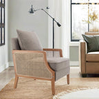 HAOBO Home Mid Century Modern Accent Chair Upholstered Living Room Chairs Armchair with Rattan Armrest Comfy Reading Chair with Wood Frame Lounge Side Chair with Waist Cushion
