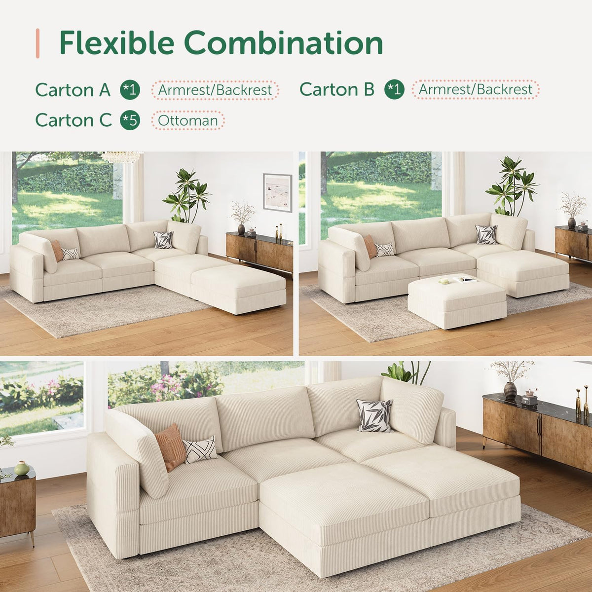 HONBAY Modular Sectional Sofa with Storage Corduroy U Shaped Sofa Modular Sectional Couches for Living Room,Beige