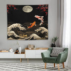 Houselerax Koi Fish Tapestry, Japanese Style Yin Yang Big Wave Cherry Blossom Tapestries Wall Hanging for Bedroom Living Room Office Decor 60"x50"