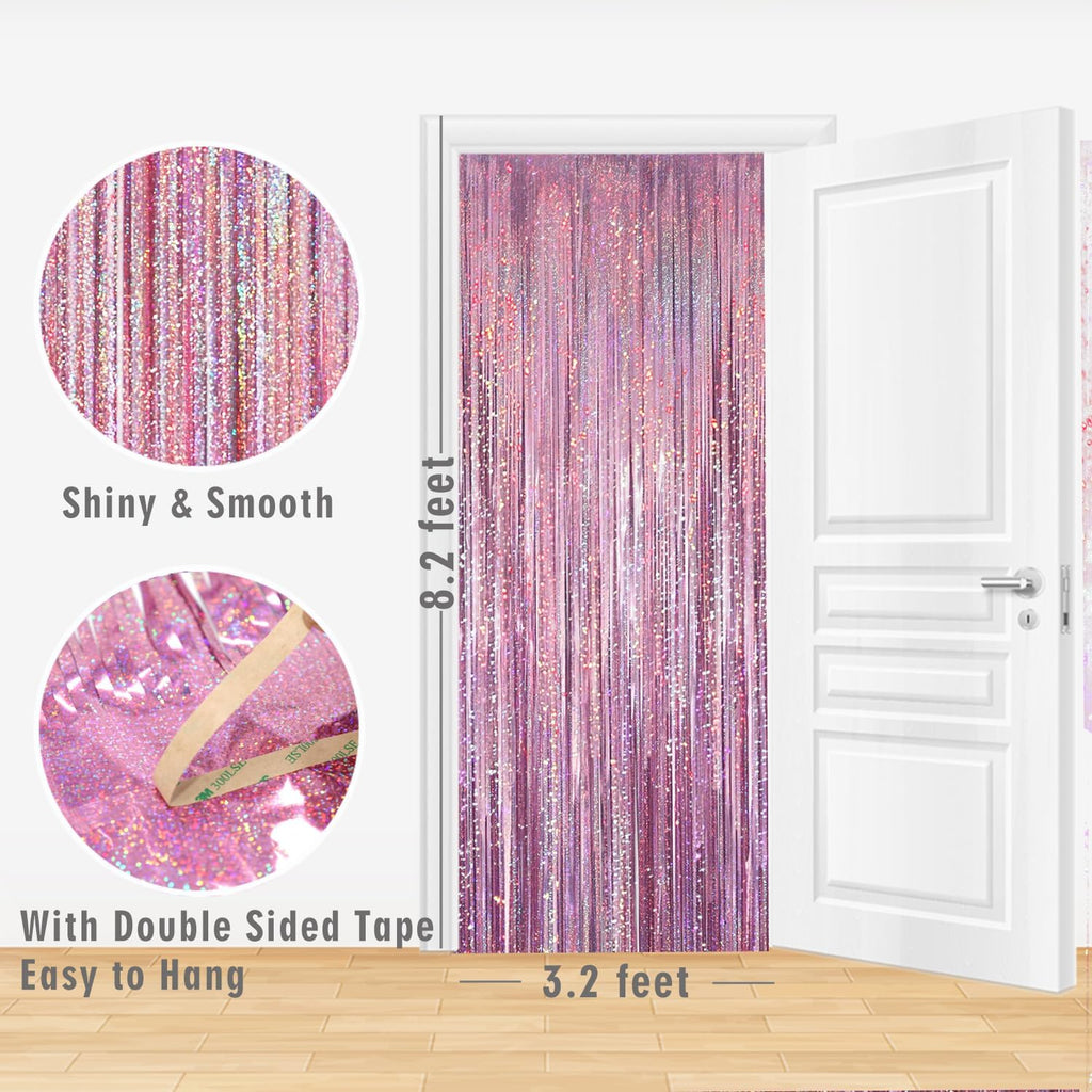 GOER 3.2 ft x 8.2 ft Metallic Tinsel Foil Fringe Curtains Party Photo Backdrop Party Streamers for Birthday,Graduation,New Year Eve Decorations Wedding Decor(3 Packs,Laser Pink)