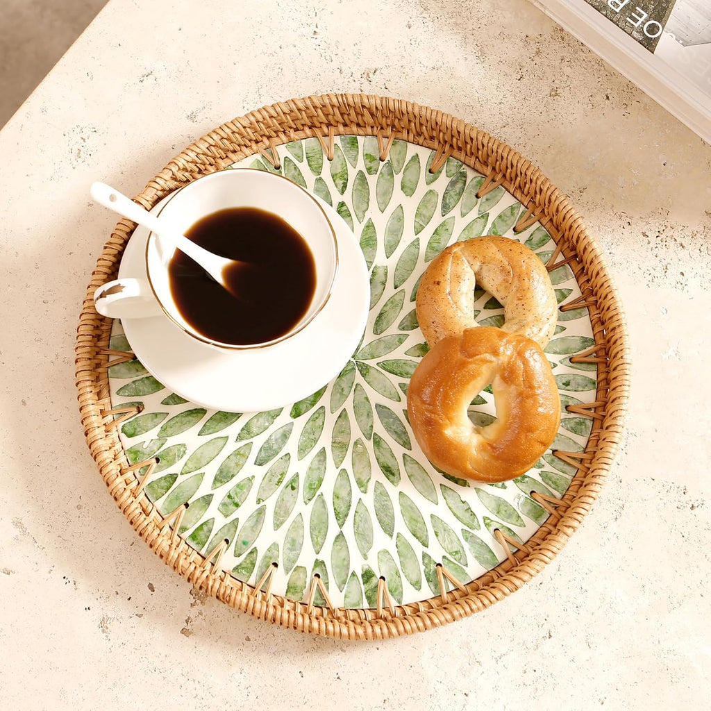Round Rattan Tray with Mother of Pearl Inlay & Wooden Base - Decorative Wicker Serving Tray for Coffee/Bread/Fruits, Food Storage & Display - Multipurpose Home Decor (L,Green Leaves)