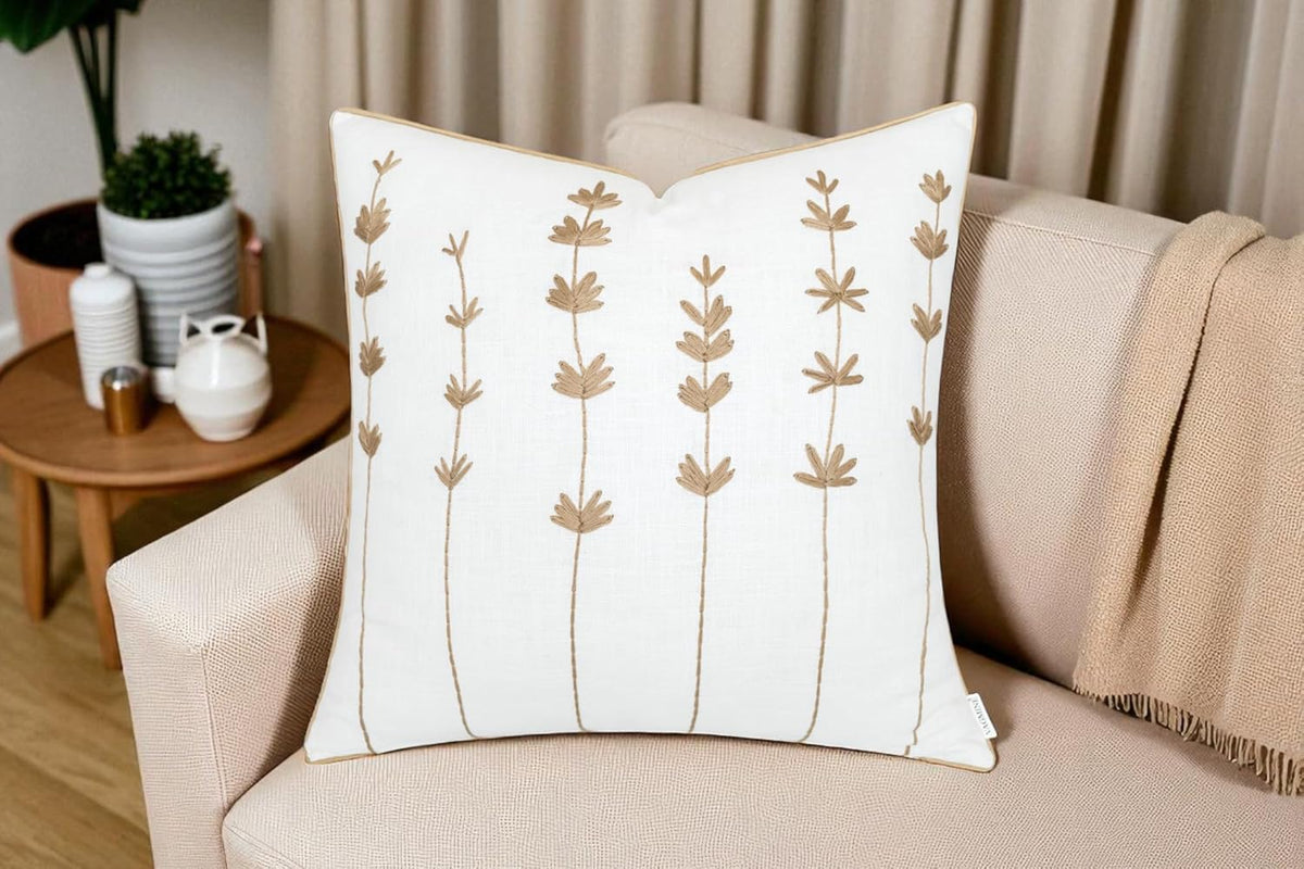 VAGMINE Hand Embroidered Daisy Accent Throw Pillow Cover - 20x20 Inches Square - 100% Cotton Ivory Decorative Cushion Cover for Couch, Sofa, Living Room - Textured Embroidery - Cozy Floral Home Décor