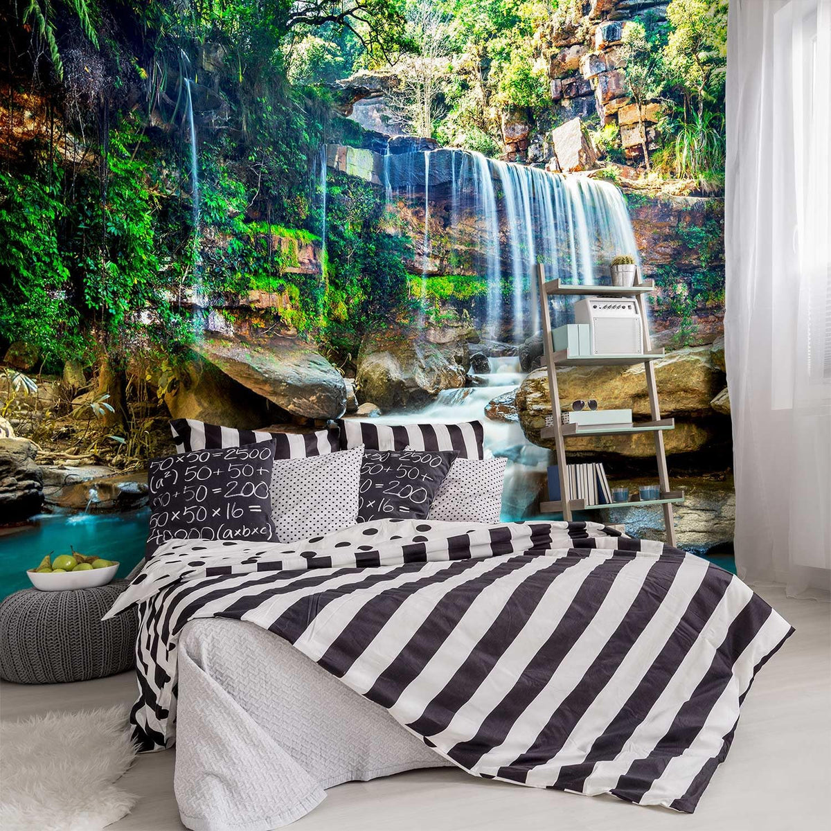 -Green Lake Waterfall Scenery Fabric Wallpaper Living Room Woodland Forest Mountain Bedroom Bathroom Wall Mural- 91"x65"（ not Peel and Stick）