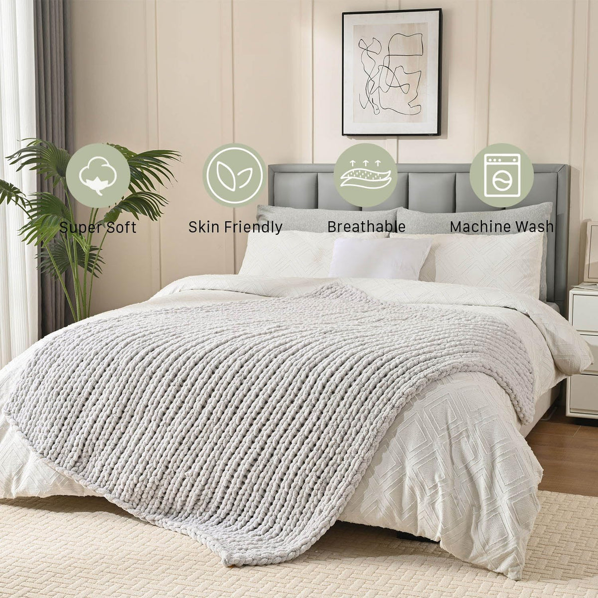 Esterra Chunky Knit Blanket Throw 60"x80", 100% Hand Knitted Chenille Throw Blanket, Cozy Soft Thick Cable Knit Throw Large Rope Knot Crochet Throw Blanket for Sofa Couch Bed, Light Gray