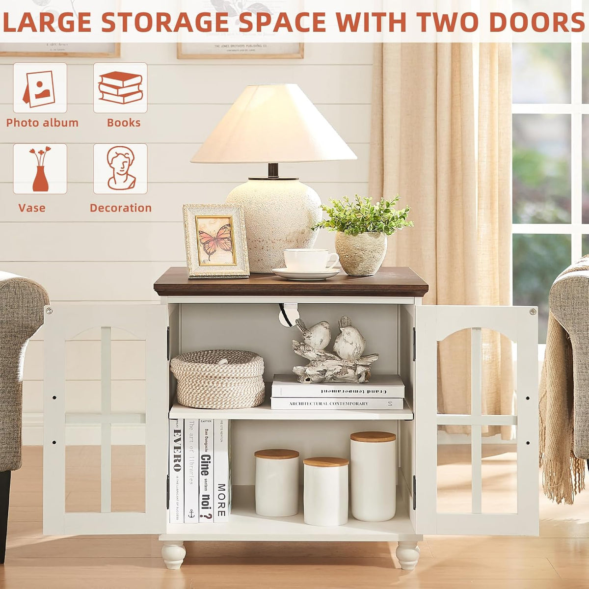 Farmhouse 24" End Table Set of 2 with Charging Station, Large Sofa Side Table with Glass Barn Door,Wood Night Stand with Adjustable Storage Shelf,Square Bedside Table for Living Room,Bedroom