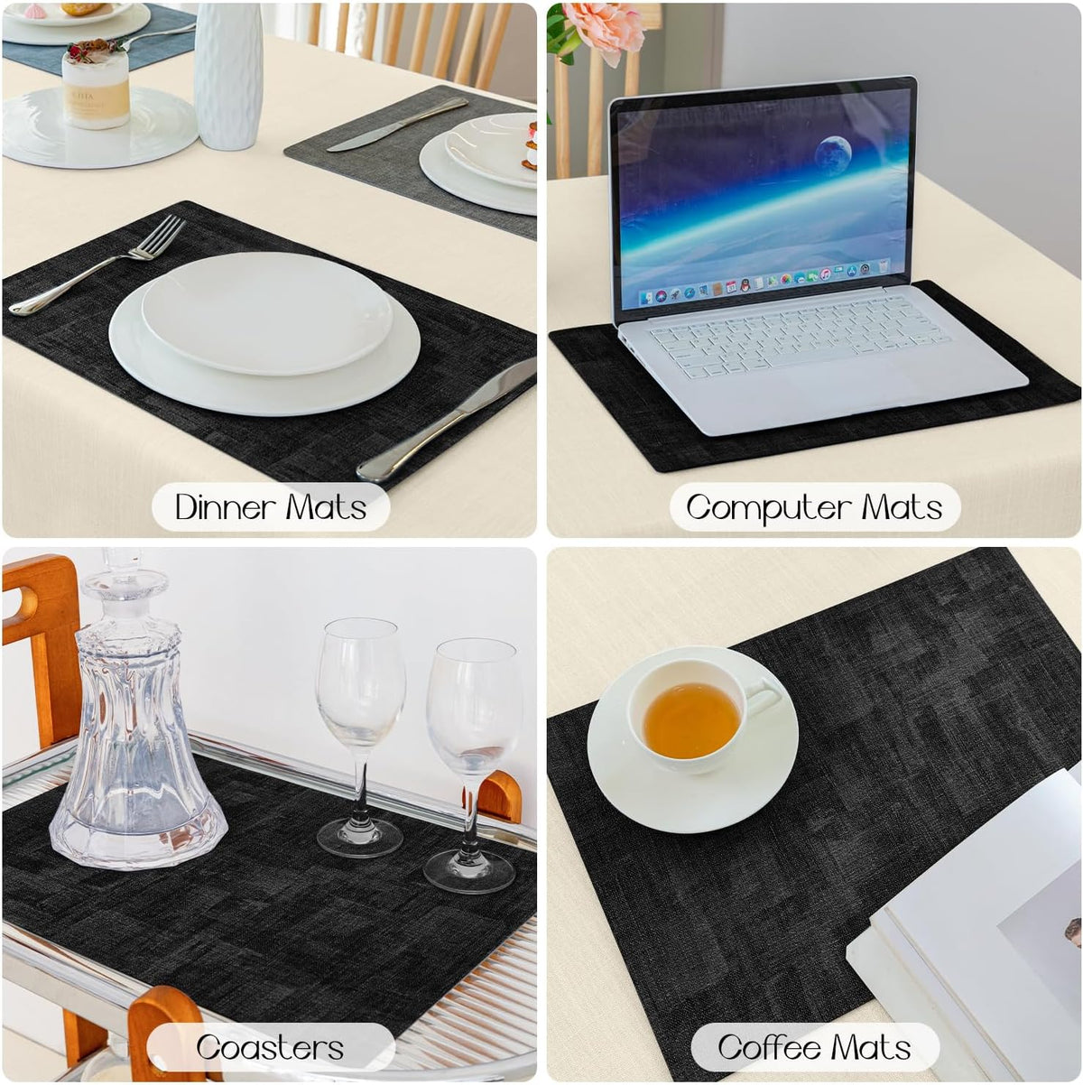 Romanstile Reversible Vinyl Placemats Set of 8, Faux Leather 100% Waterproof Oil-Proof Wipeable Place Mats, Heat Resistant Dual Sided Table Mats for Kitchen/Dining/Party (Grey Black, 12 x 17 Inch)