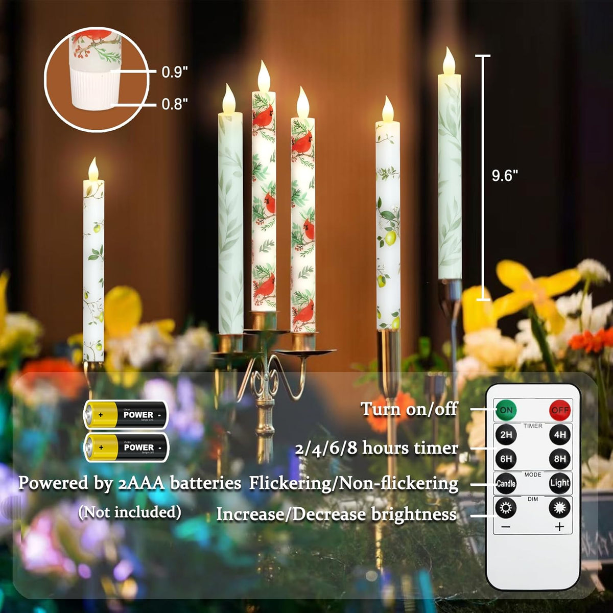 Cardinal Bird Flameless Taper Candles with Remote - Red Bird Theme LED Taper Candles for Home Xmas Holiday Party Christmas Decoration - 2PCS 9.5INCH