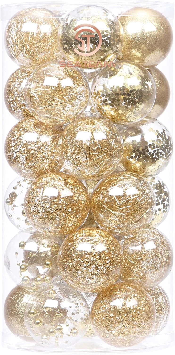 Sea Team Shatterproof Clear Plastic Christmas Ball Ornaments Decorative Xmas Balls Baubles Set with Stuffed Delicate Decorations (60mm/2.36"/30-Pack, Gold)