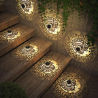 4 Pack Solar Fence Lights Metal Solar Powered Outdoor Wall Deck Step Lights Sun Moon Theme Waterproof Fence Light for Garden Post Patio Backyard Yard Decor, Gardening Gifts for Women Mom Grandma