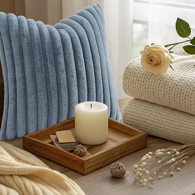 decorUhome Fall Faux Fur Throw Pillow Covers 18x18 Set of 2 Grey Blue | - Image 9