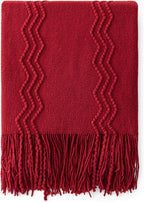 MIULEE Burgundy Red Knitted Throw Blanket for Couch Boho Textured Cozy Woven Blanket with Tassels for Sofa Chair Bed Living Room Acrylic Wave Pattern 50"x60"