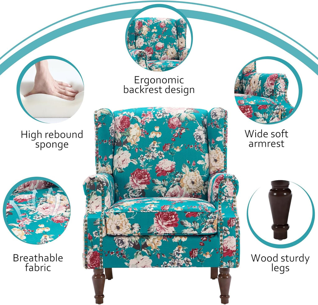 Lumibee Wingback Accent Chair,High Back Floral Armchairs in Fabric,Comfy Upholstered Reading Single Sofa Chair with Solid Wood Legs for Living Room,Bedroom,Office-Peacock Blue