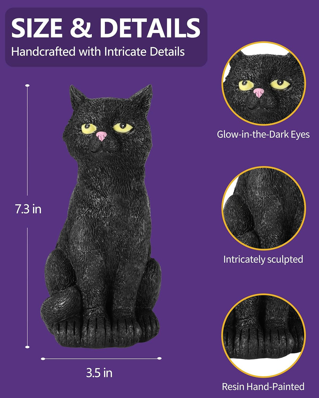 Black Cat Figurine with Glow-in-The-Dark Eyes - 7.3" Spooky Resin Halloween Decorations Halloween Decor Outdoor/Indoor (Black Cat)