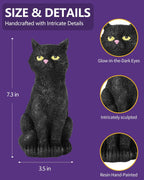 Black Cat Figurine with Glow-in-The-Dark Eyes - 7.3" Spooky Resin Halloween Decorations Halloween Decor Outdoor/Indoor (Black Cat)