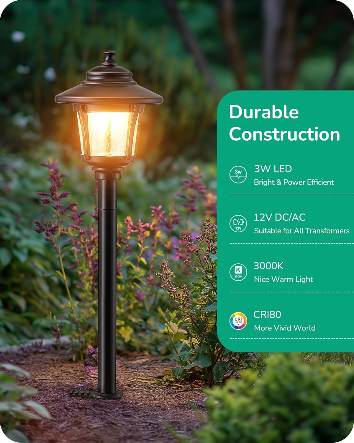 EDISHINE Low Voltage Landscape Lighting, 12V 3W 120LM 3000K Seed Glass Outdoor Landscape Path Lights with Connectors, ORB Waterproof Electric LED Pathway Light Wired for Walkway Garden Yard, 4 Pack