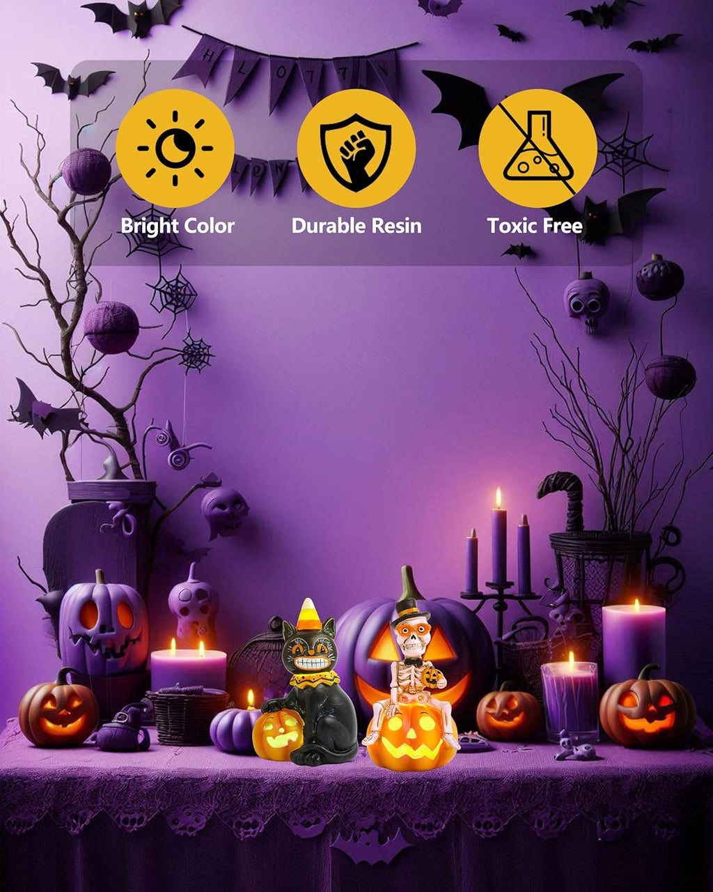 Vintage Halloween Decorations Indoor - 2-Pack 4.7'' Resin Skeleton Gentleman & Black Cat Figurine with Flickering Pumpkin Lights - Halloween Table Decor Ornaments Gifts (Jack-O’-Lantern)