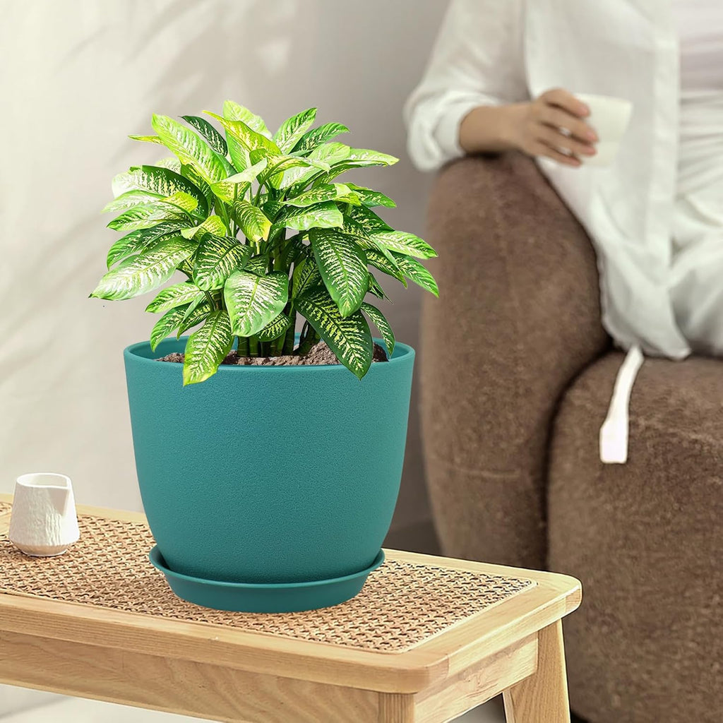 9/8/7.5 inch Flower Pots, 3 Pack Modern Plastic Planters with Drainage Holes and Trays for House Plants, Plant Pots for Indoor Outdoor Plants, Blue Green