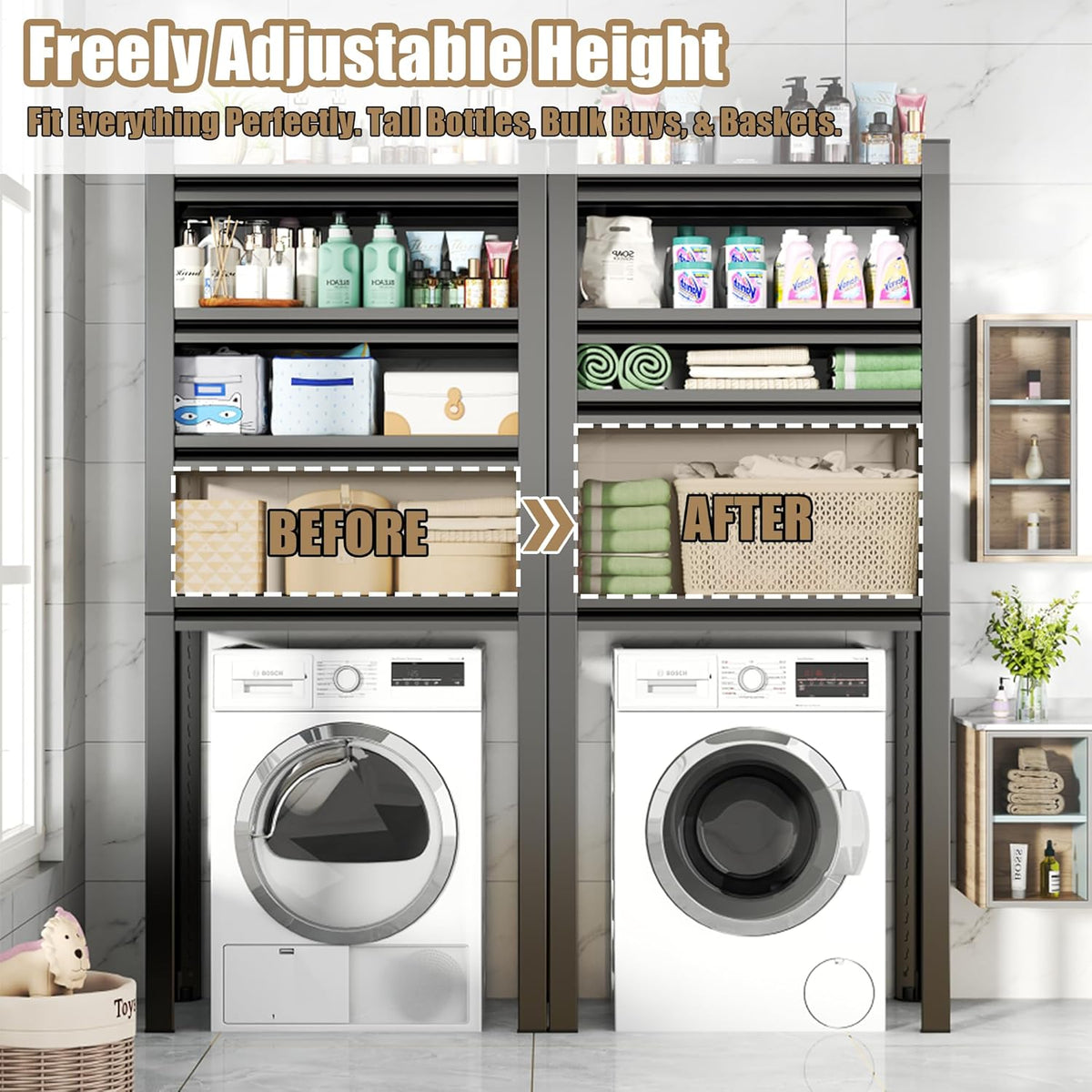 Over Washer Storage,5Tier Expandable Washer and Dryer Rack, Laundry Room Storage Over Toilet Washing Machine and Dryer Storage Rack Bathroom Organization, Hold 500 lb, Black