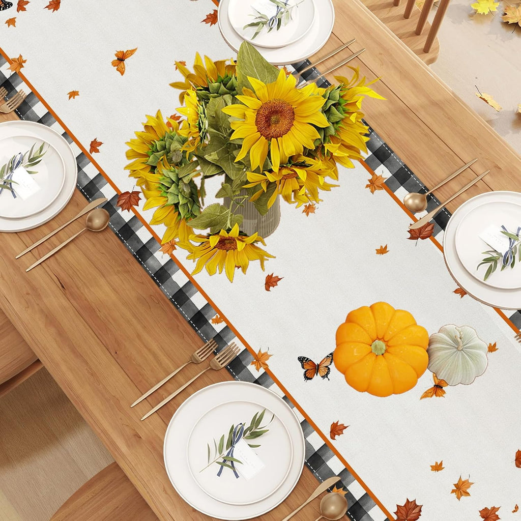 Linen Black and White Buffalo Check Plaid Fall Table Runner 120 Inches Long, Fall Leaves Pumpkin Butterfly Home Kitchen Table Decor, Farmhouse Autumn Thanksgiving Harvest Festival Decorations for Home