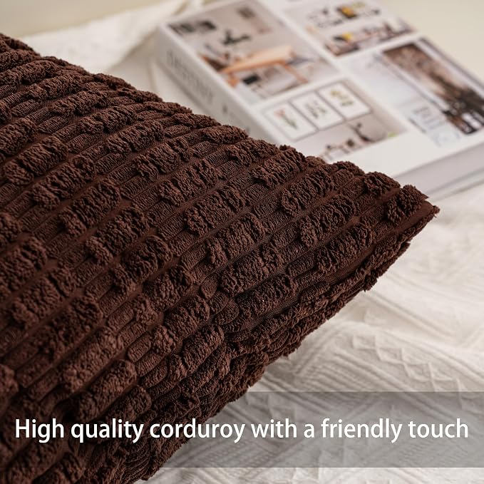 Pack of 2 Corduroy Decorative Throw Pillow Covers 20x20 Inch, Dark Brown | Fall - Image 3