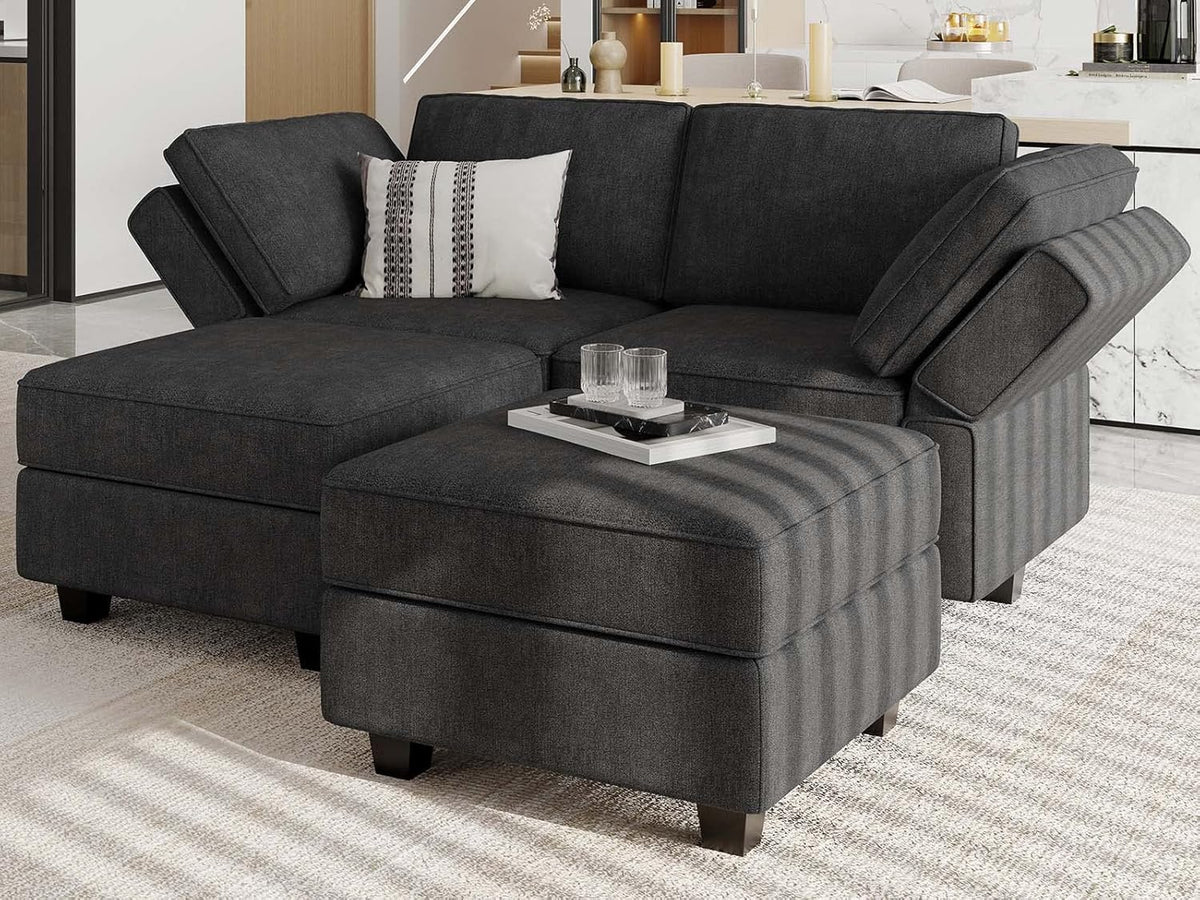 Bellfin Modular Sectional Sleeper Sofa Convertible Sofas with Storage Ottomans Small Sectional Couches for Living Room. Black Couch