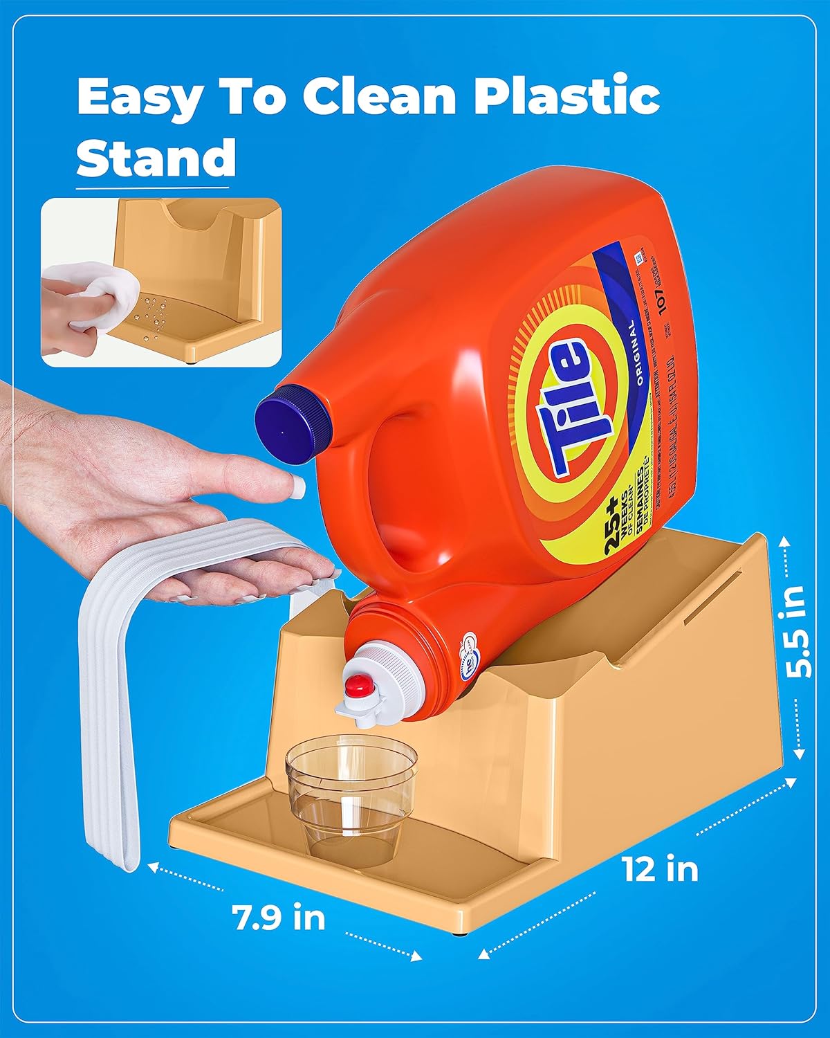 TidyFriend Laundry Detergent Holder Stand with Drip Tray, Laundry Soap Holder with Non-Slip Rubber Feet for Washing Space Organization, Angled Downward Slope for Easy Pouring (Beige)