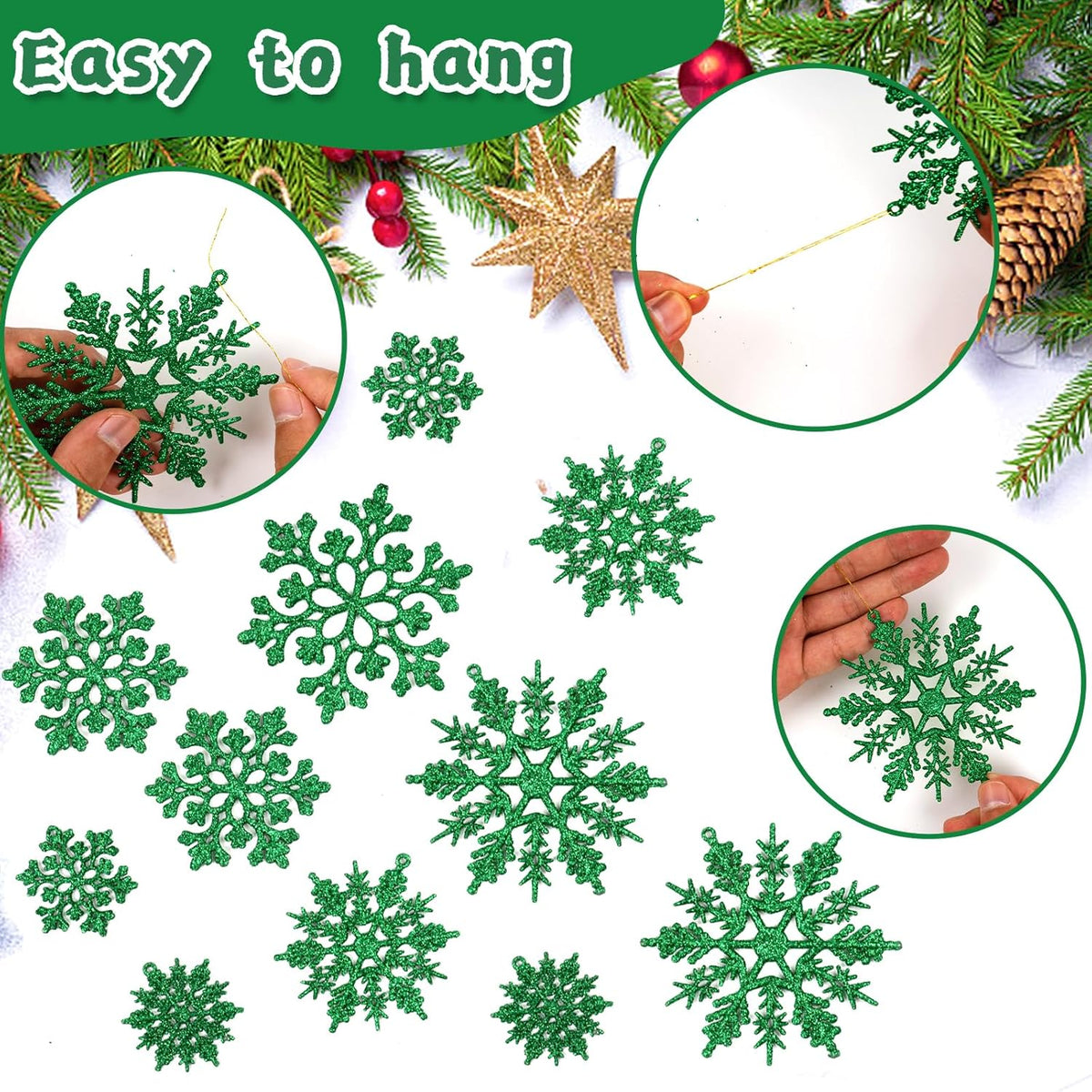 Dark Green Christmas Snowflake Ornaments- 36Pcs Plastic Glitter Hanging Snow Flakes for Christmas Tree Decorations Winter Wonderland Frozen Birthday Party Holiday Home Decor Craft Snowflakes