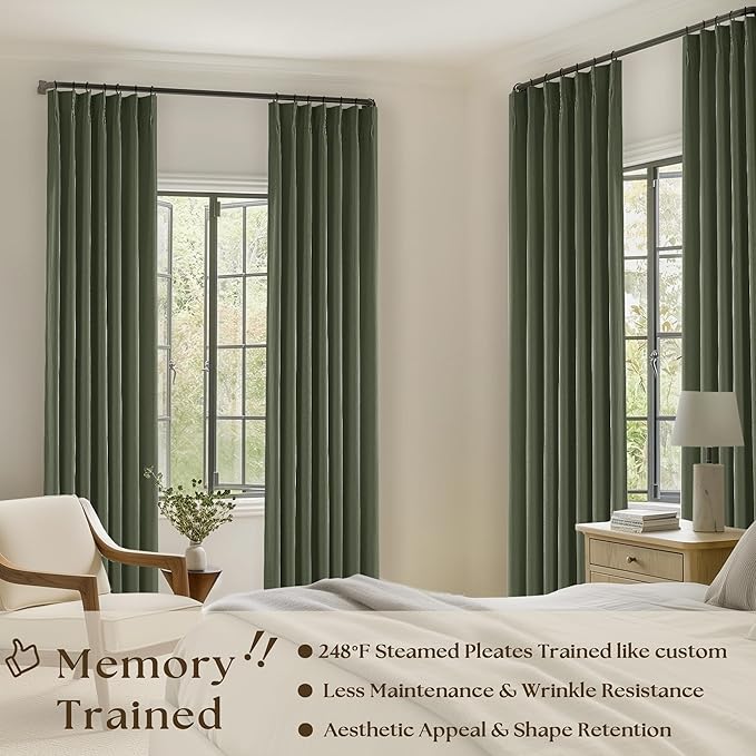 Olive Green Pinch Pleated Blackout Linen Bedroom Curtains 96 Inch Length | - Image 2