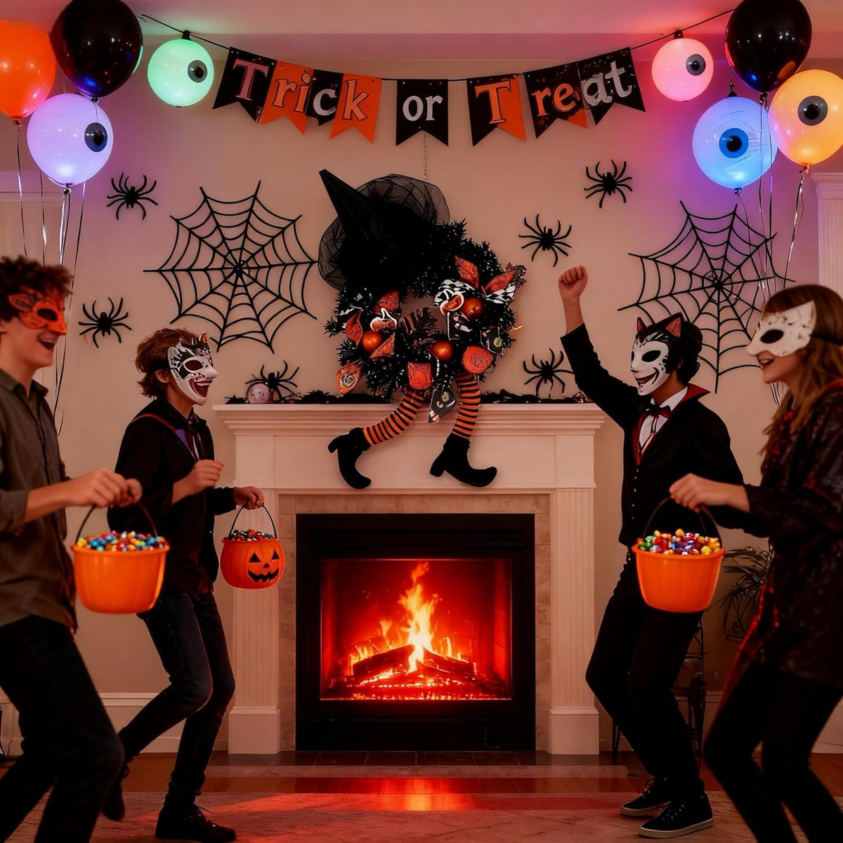 Happy Halloween Wreath for Front Door Decoration with Skeleton Artificial Bone Orange Ornaments Maple Leaf for Party Decor (Halloween Orange)